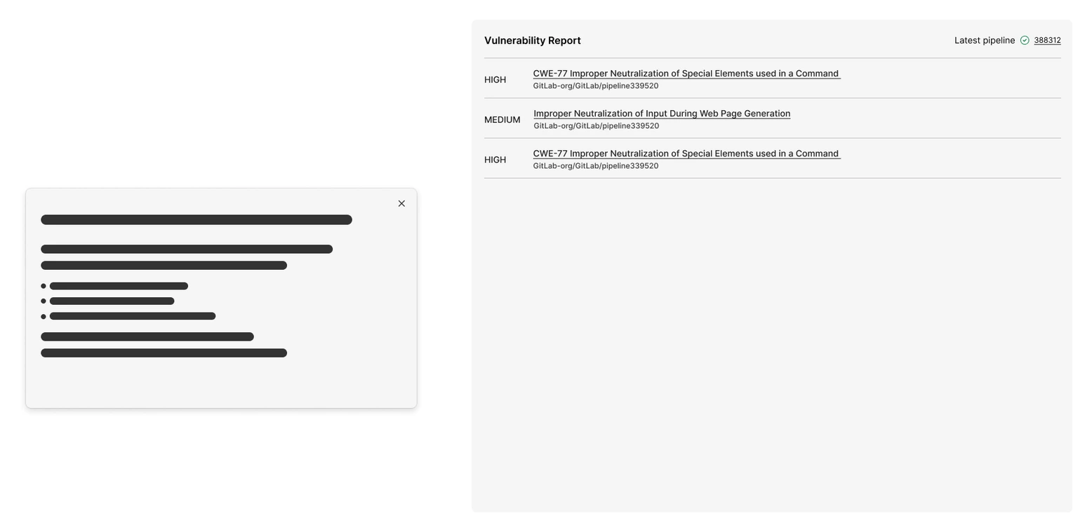 The starting point: a vulnerability report per pipeline, and a modal.