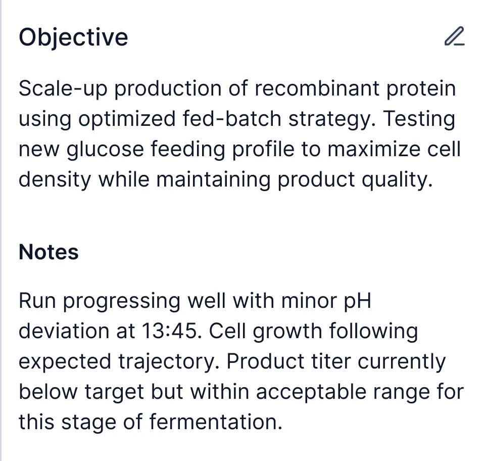 Objective and Notes in the run panel, both generated, both editable in place.