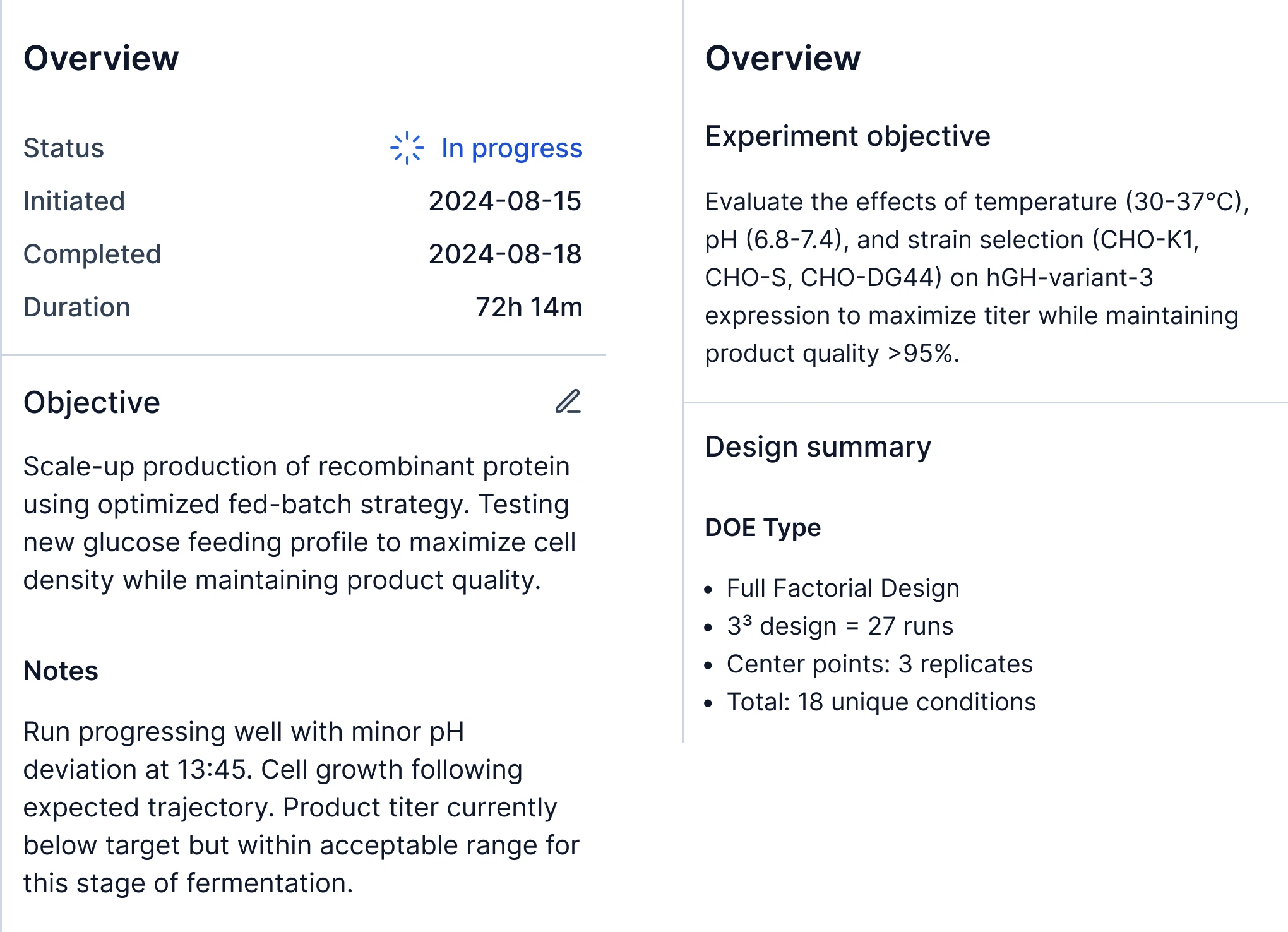 The two overview panels side by side: the run’s status, objective and notes; the experiment’s objective and design summary.